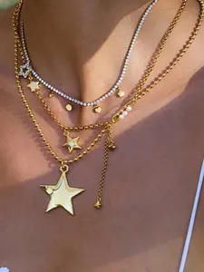 Ladies' Gold Necklace, Daily Wear Necklace, Neckpiece 18k Gold-Plated Stainless Steel Waterproof Flower Heart Water Drop Pendant, White Zirconium Chain, Bohemian-Style Jewelry Beach Vacation Style Necklace