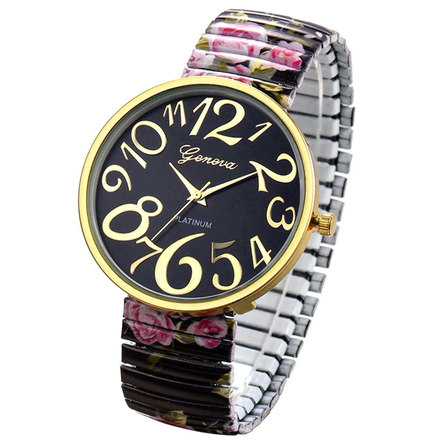 Womens Black And White Analog Number Elastic Stretch Band Bohemia Bracelet Watch Stretch Band Watches for Women: Bohemia Flower Easy Reader  main image 2