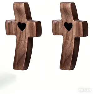 SZDK  Wooden Cross Fidget - Cross My Heart Pocket Small Crosses - Handheld Stress Relief - Walnut Wood Prayer Crosses - Christian Encouragement Gift (5pcs)