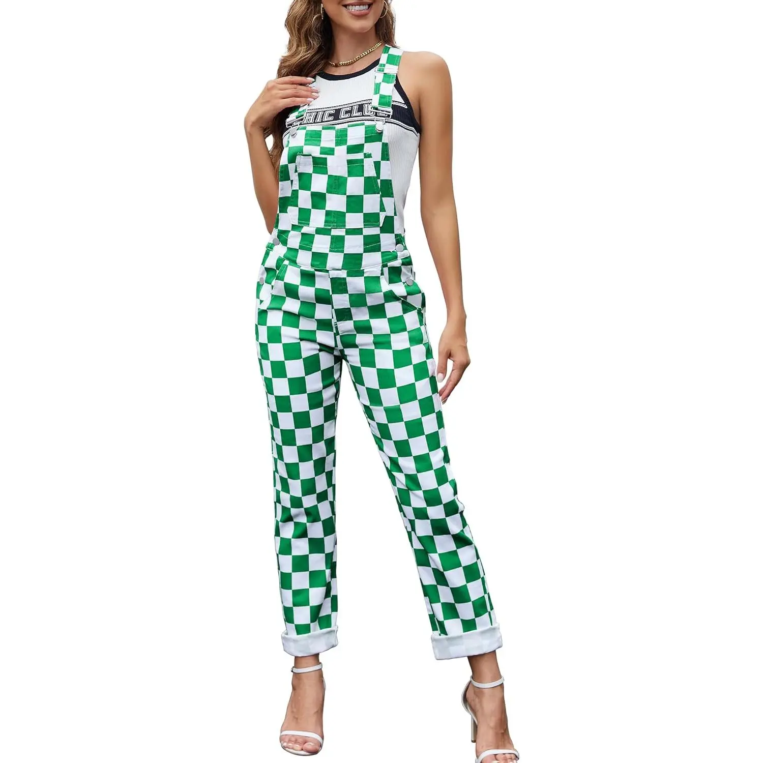 Checkered Pants Womens Overalls Fashion Bib Coveralls Cute Stretch Jeans Jumpsuit