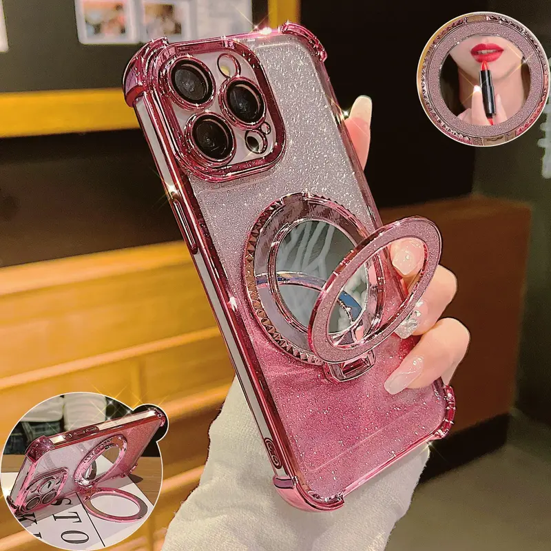 Glitter Magnetic Phone Case with Ring Holder, 1 Count Anti-fall Fully Edged Mobile Phone Case, Shockproof Phone Cases for iPhone 16 15 Pro Max 14 Plus 13 Protective Acrylic Cover