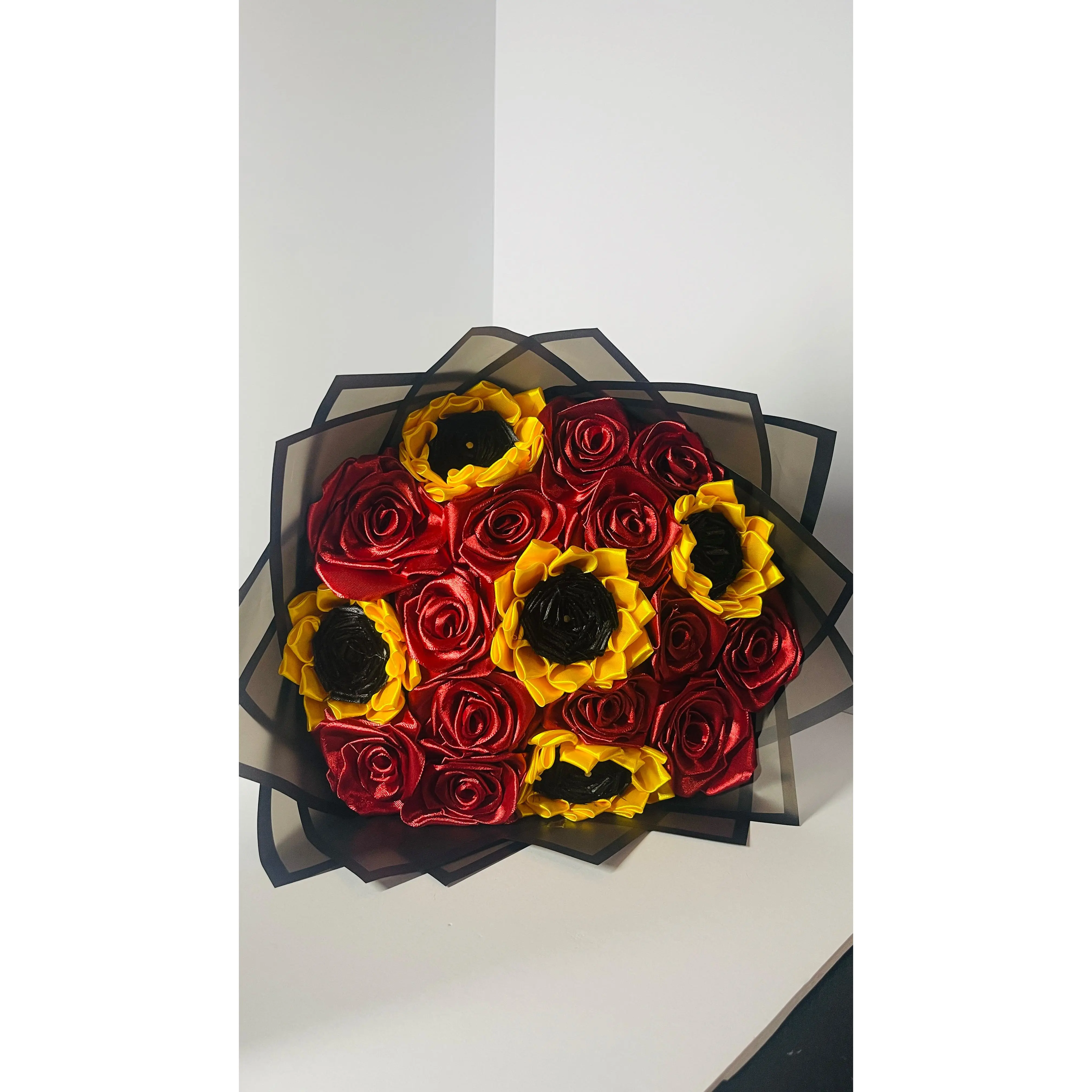 Elegant Ribbon Sunflower & Rose Bouquet (18-Stem) – Premium Handcrafted Satin Arrangement