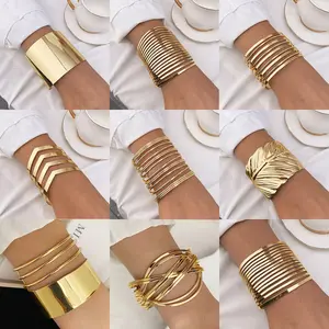 Gold Plated Multi-Layer Cuff Bracelet Set, Wide Open Bangle & Thin Stackable Bangles, Statement Jewelry for Women