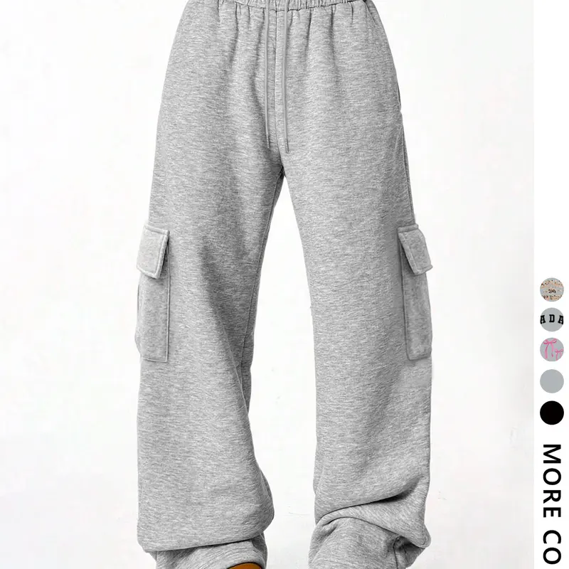 Women's Mid Rise Grey Cargo Sweatpants Joggers Comfy Soft Pocket Pants for Daily Wear Drawstring Waist Athleisure