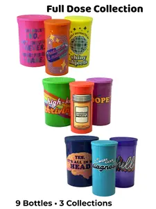 The Happy Pills Co. Full Dose 9-Piece Collection Pop-Top Novelty Storage Bottles - Fun Decorative Containers For Small Item Organization