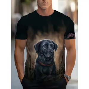 Men's Polyester T-Shirt - Realistic Black Labrador Retriever Graphic Tee, Soft Everyday Shirt for Dog Lovers, Machine Washable Casual Top for Home, Living Room & Indoor Activities, Home Comfort, Stylish Print, Breathable Material, Dogthemed Clothing, Pet