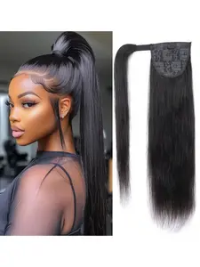 Brazilian Virgin Remy Human Hai Straight Human Hair Ponytail Extension with Magic Paste Wrap Around Hair Extension Natural Color for Women