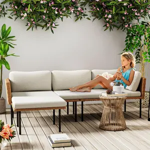 Beige 3-Piece Patio Furniture Set, L-Shaped Outdoor Sectional Sofa with Thick Cushions, All-Weather Rattan Conversation Set, Boho Style Detachable 3-Seater Lounger