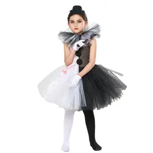 Girls' Scary Clown Costume Set, Patchwork Tulle Tutu Dress with Socks and Gloves for Halloween Cosplay, Sizes S-2XL