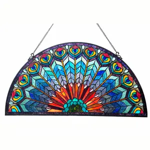1P046-BP35GPN RADIANCE goods Tiffany-style Peacock Feather Glass Window Panel 35"x18"