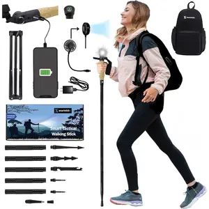 Collapsible Tactical Walking Stick with LED Light, USB Charging, Cork Grip, and Survival Tools – Aircraft Aluminum Trekking Pole for Hiking, Camping, Outdoors & Self Defense