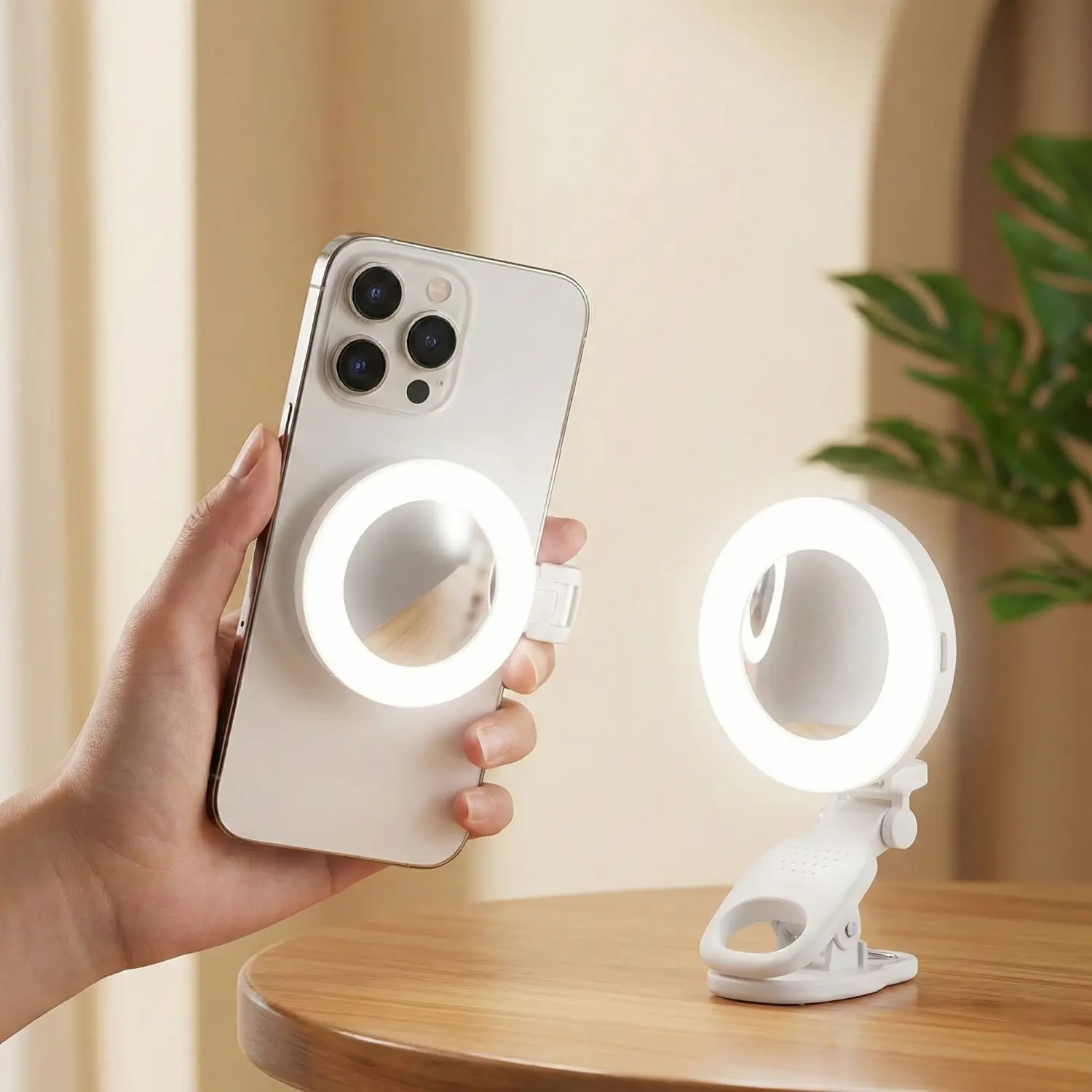 Clip-On Selfie Ring Light with Mirror – 180° Rotating Design, 9-Level Brightness, 3 Color Modes, USB-C Rechargeable, Compatible with iPhone & Android for Makeup, Live Streaming, Video Calls