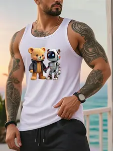 One-piece men's narrow shoulder strap vest with "Teddy Bear and Mechanical Bear" cartoon print, suitable for summer wear