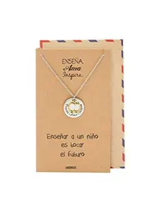 Quan Jewelry Best Gifts for Teachers in Spanish Apple Jewelry Enseña Ama Inspira Engraving on Pendant, Latin Engraved Necklace and Greeting Card (Two-Tone)