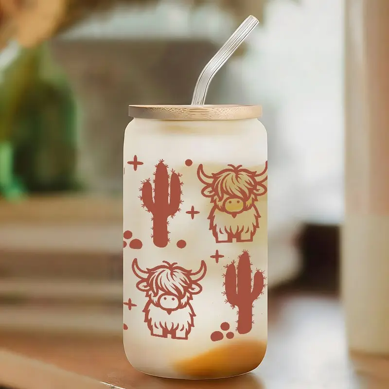 Western Highland Cow Cactus 16oz covered straw glass drinking cup, reusable glass drinking cup, Cute Glass Cup, glass jar design, suitable for iced coffee, beer, juice, milk, glassware, Drinkware, perfect gift for coffee lover, Glass Cup With Straw