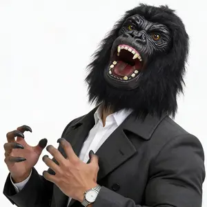 A powerful and dominant gorilla latex headband. Matte black, wide nose; a bright red mouth revealing sharp fangs. Suitable for Halloween role-playing, party pranks, short comedy videos, jungle-themed events, family activities, holiday gifts