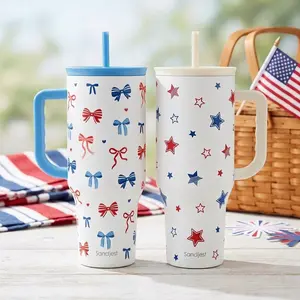 SANDJEST 4th of July 40oz Insulated Tumbler with Handle & Straw, Easy-Cleaning, Cup Holder Friendly, Silicone Protective Base, Perfect for Travel