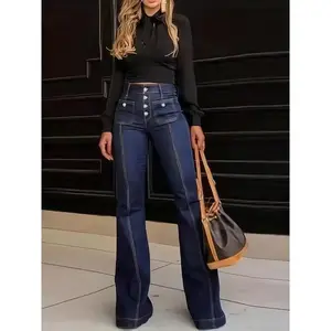 Vintage Style High Waist Stretch Denim Flared Pants Women's Slim Fit Button Closure Machine Washable Vintage Style Casual Outing |       Slim Fit Silhouette |       Durable construction Bottoms Jeans Womenswear Blue