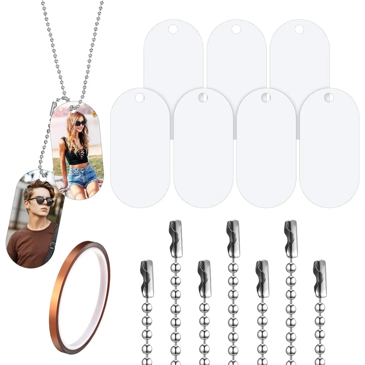 15 Sets Sublimation Blank Dog Tags Set Includes Aluminum Sublimation Stamping Blank Tags Necklace Chain 1 Roll of Tape for DIY Decorative Oval