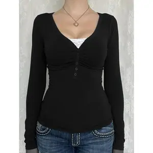 Women’s contrast lace V-neck button-front T-shirt, spring and autumn casual long-sleeve tee for everyday wear GARMENTARY