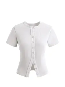 Women's Short Sleeve Round Neck Button Front Ribbed Tee, Casual Basic Minimalist Fitted Top for Daily Wear, Ladies Clothes for All Seasons, Womenswear