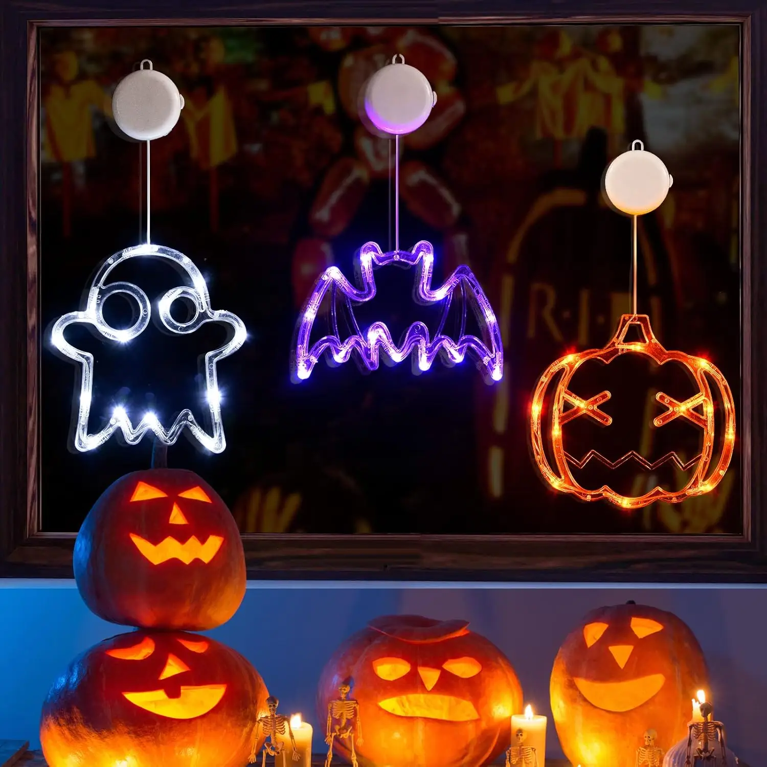 LOLStar three-piece pumpkin ghost bat LED window light 2025 upgraded suction cup sensor Halloween decoration, fade in and out timer battery powered Ha