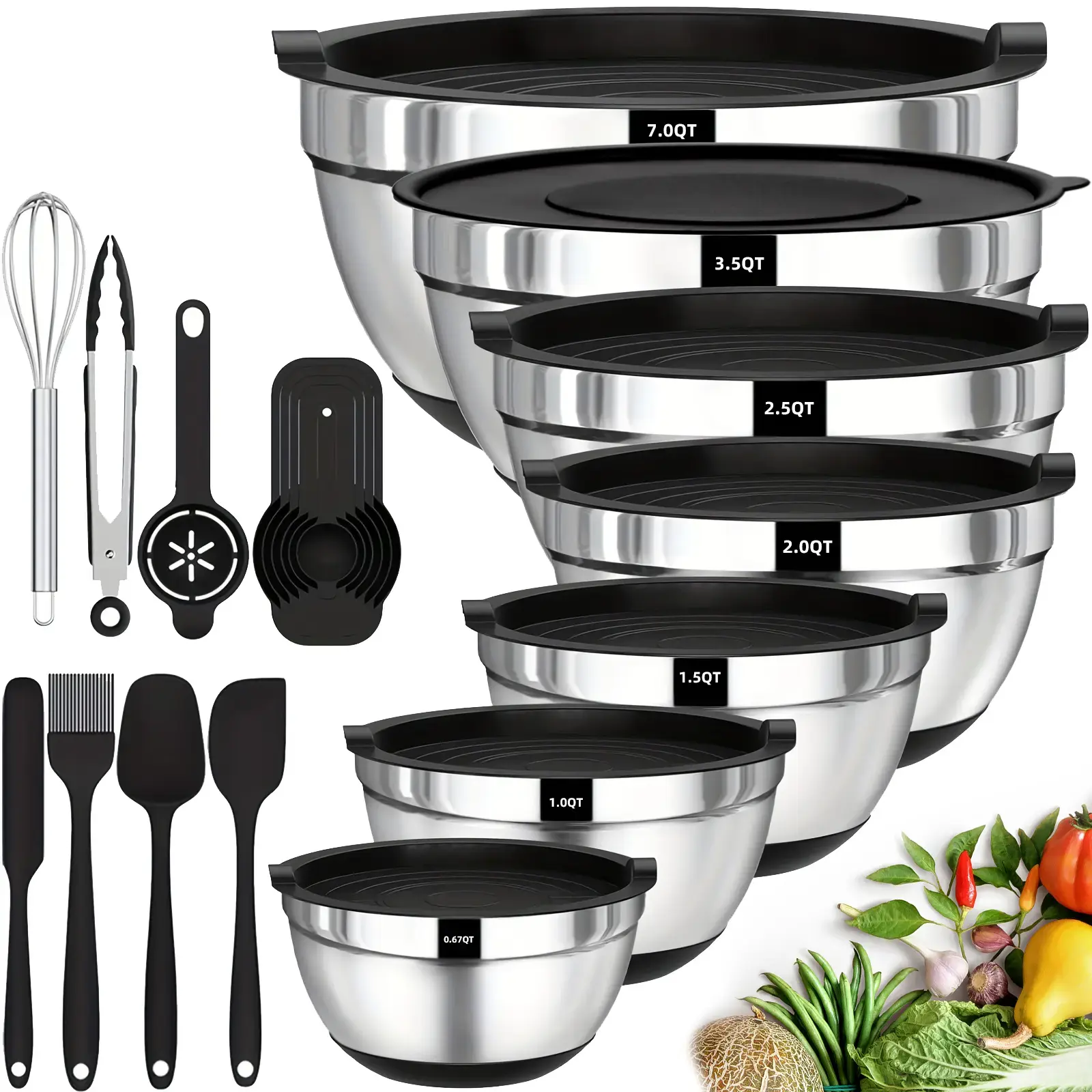 LVABZ 20-Piece Round Nesting Stainless Steel Mixing Bowls Set, 7 Sizes (0.67-7QT) with Airtight BPA-Free Lids, Non-Slip Silicone Bottoms, Dishwasher Safe Food-Grade Bowls for Baking, Cooking & Meal Prep