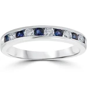 3/4ct Blue Sapphire & Diamond Channel Set Ring 14K White Gold