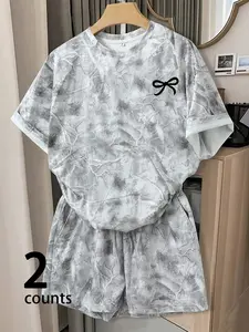 2 Piece Women's T-Shirt & Shorts Matching Set, Loose Casual Outfit with Bow Accent for Street Style