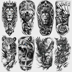 8 Animal Temporary Tattoo Stickers, Waterproof Long-Lasting Wolf Lion Tiger Eagle Poker Warrior Fake Tattoos, Suitable for Arms Thighs Legs, Temporary Tattoo Kit