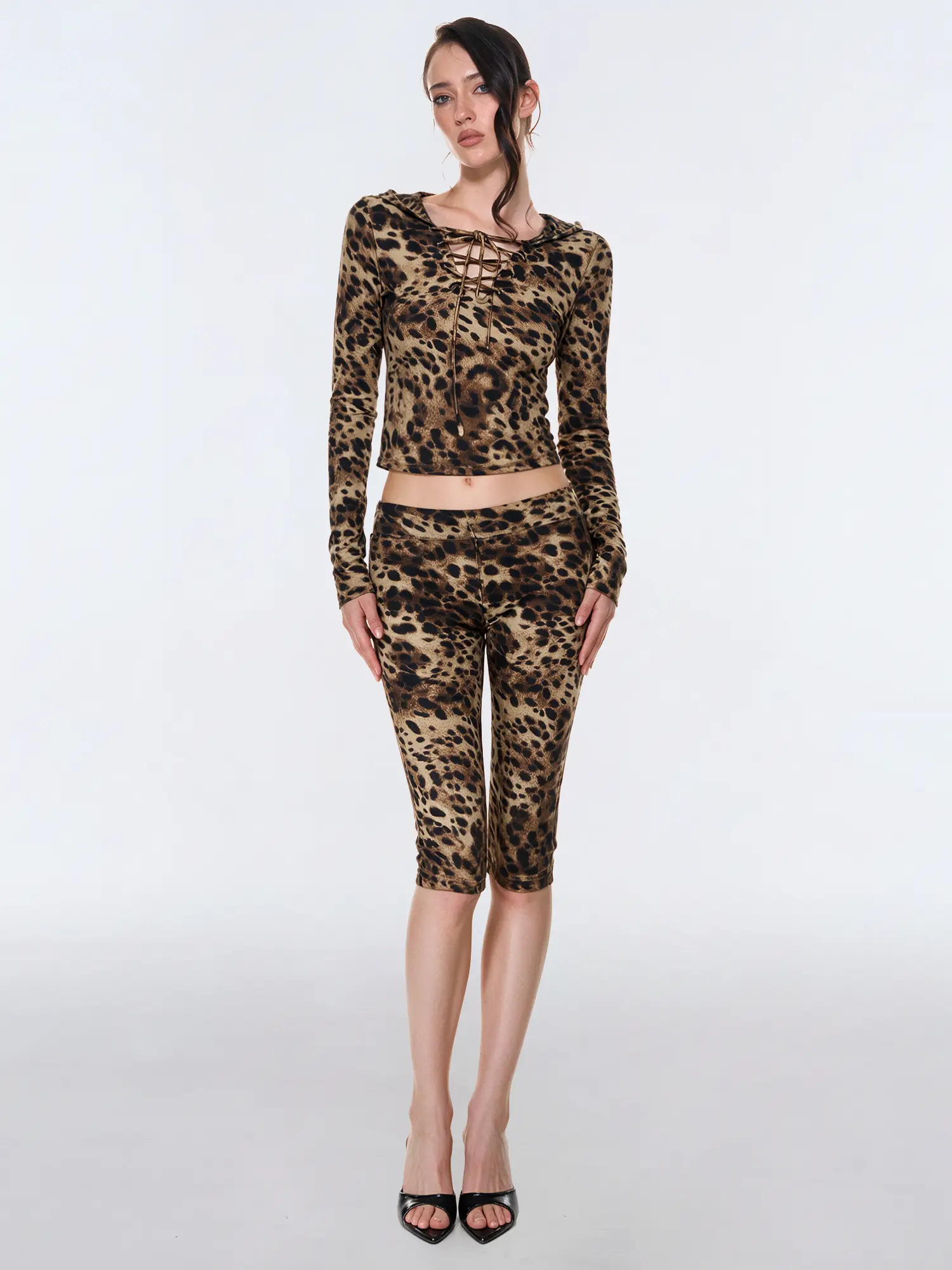 FDR Women’s Leopard Print Lace-Up Hoodie & Slim Fit Pants Set, Y2K Two-Piece Outfit with Bodycon Style for Casual Streetwear