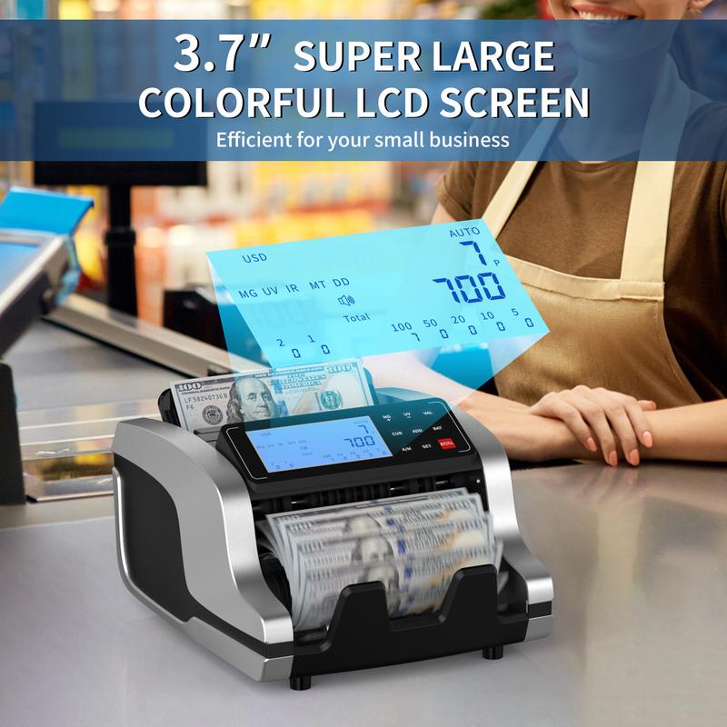 PONNOR Money Counter Machine with UV/MG/IR/MT/DD Detection for Fake Bills, LCD Display, Coin Box, COUNT/ADD/BATCH/AUTO Modes, Silent Operation, 1200 Notes/Minute