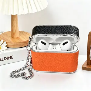 Luxury Colorblock AirPods Case with Silver Chain, PC Leather Texture Earphone Protector, Compatible with AirPods Pro/3/2