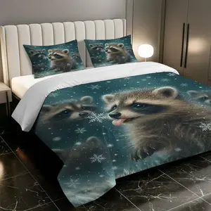 3PCS Duvet Cover Set, 1 Duvet+2 Pillowcases(Without filler), Raccoon Snowflake Winter Forest Wildlife theme, Christmas bedding set, Cozy Animal Print Suitable for decoration bedroom, guest room, hotel, lodge, Decorative Duvet Cover