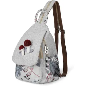 Ladys Convertible Sling Bag, Hand Craft Artisan Purse, Beautiful Mushroom Canvas  Casual Day Mini Backpack for women