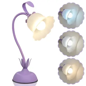 Vintage Flower Table Lamp 3 Color Temperature Flexible Gooseneck Cute Small Desk Lamp for Bedroom Kawaii Nightstand Bedside Lamps for Living Room Dorm Office Home Decor