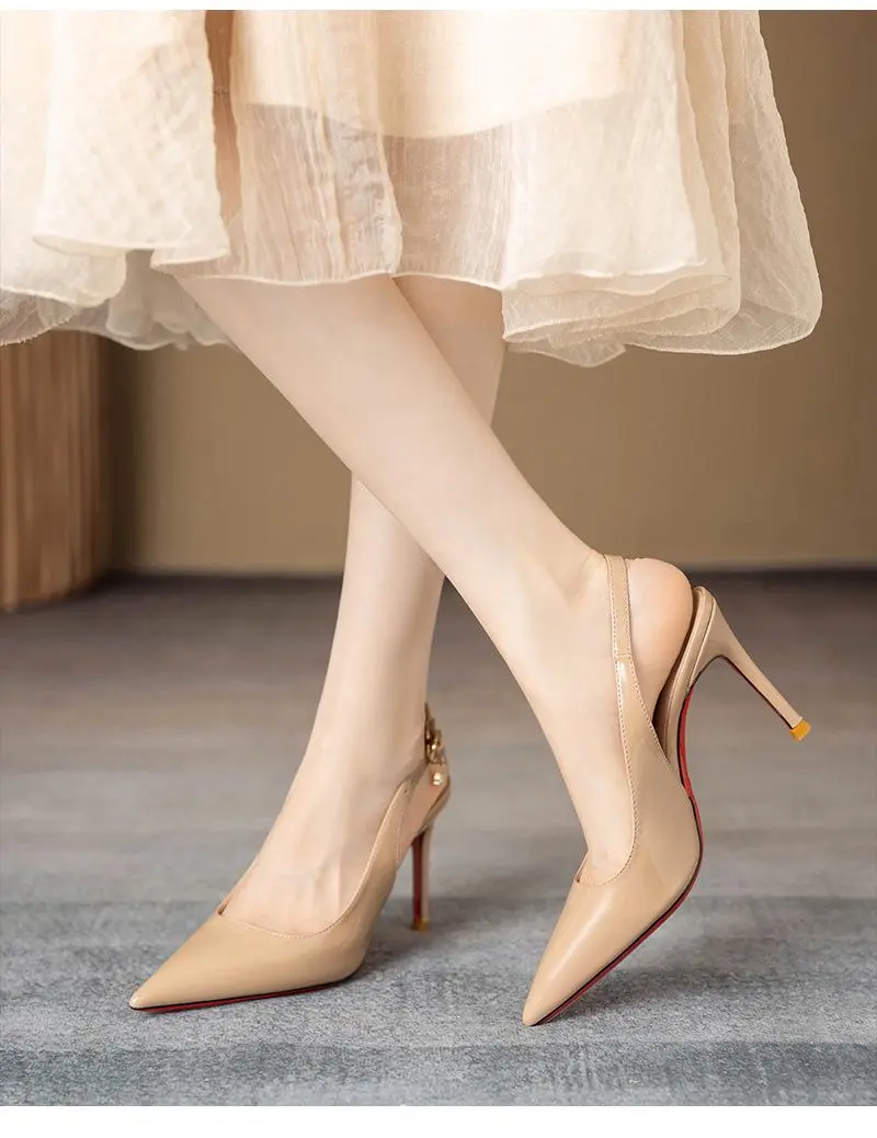 Women's Classic Stylish Fashion Patent Leather Pointed-Toe Slingback Stiletto Heels - Soft Footwear with Adjustable Buckle, Closed-Toe Backless Dress Pumps for Wedding, Party, Formal Occasions, Black Nude, Heeled, Heels For Women, Business, Plain, Black H