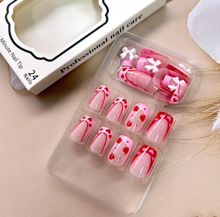 Strawberry Press On Nails: Short Square Pink Heart Bow Tie Design. Artificial Coffee Nails, Full Cover, Reusable Glue On, Valentine's French Style for Women