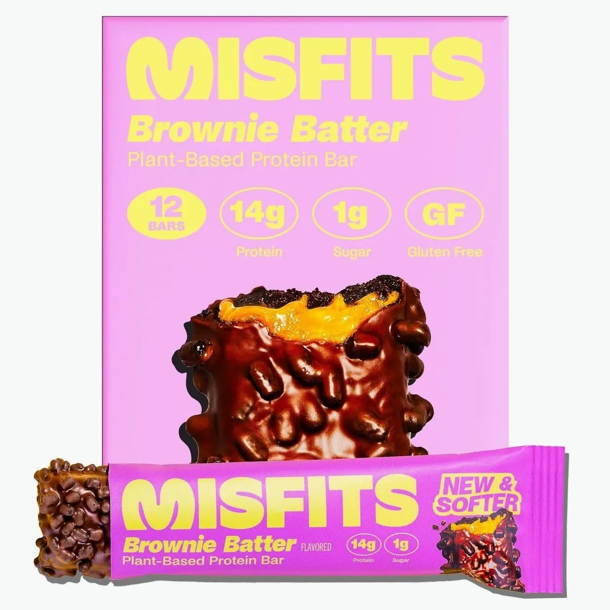 Misfits Vegan Protein Bars - Fudgey Brownie Batter| Nutrition Bars - 14g Protein, 1g Sugar, Plant-based, Low Carb, Non-GMO, Gluten Free Snacks | Pack of 12