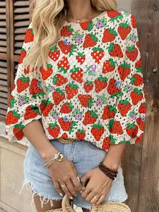 Spring/Summer style, crew neck hollow-out loose batwing sleeve blouse, strawberry print women's knit top, vacation style, casual and elegant for commuting, women's vest cover-up, bikini cover-up, boho vacation style beach cover-up.