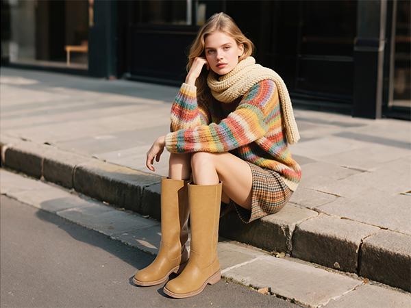 JUST FAB Women's Banana Knee High Boots Square Toe Eco Leather Cowboy Boots, Pull-On Block Heel Western Fashion Boots for Fall Chunky Riding Boots Low Heel Shoe Footwear Stylish Leather Platform Campus Boots for Comfortable Riding Tall Boots BackToSchool