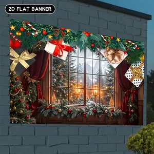 1count  Festive Christmas Window Scene Wall Decor Banner,Festive Backdrops & Banners - Snowy Winter Wonderland with Red Ribbon & Golden Accents, Durable Polyester, Easy to Hang, Perfect for Holiday Parties, Home & Outdoor Decor, Christmas Decorations