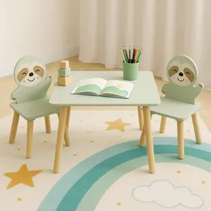 Kids Table and Chair Set with 2 Cute Sloth Chairs, Wooden Toddler Activity Table, Cute Animal Design Play & Study Set for Playroom, Bedroom, Classroom – Sage Green & Wood, Dining Room Chairs for Kitchen, Dining Room, Living Room