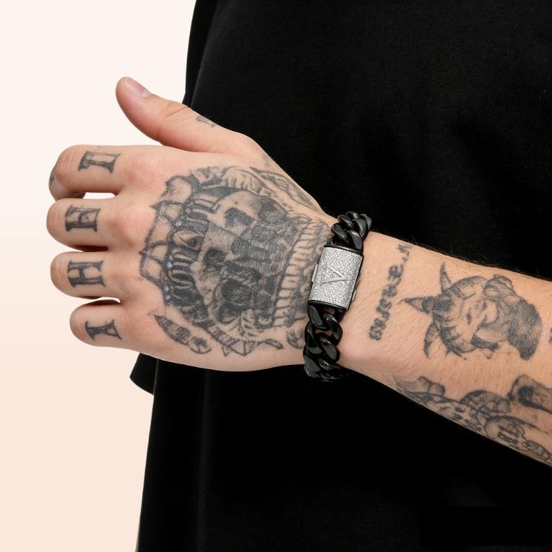 Black Stainless Steel Cuban Link Bracelet for Men, 14mm Heavy Chain with Silver A–Z Initial Clasp, Gothic Punk Hip Hop Style Personalized Statement Gift for Him