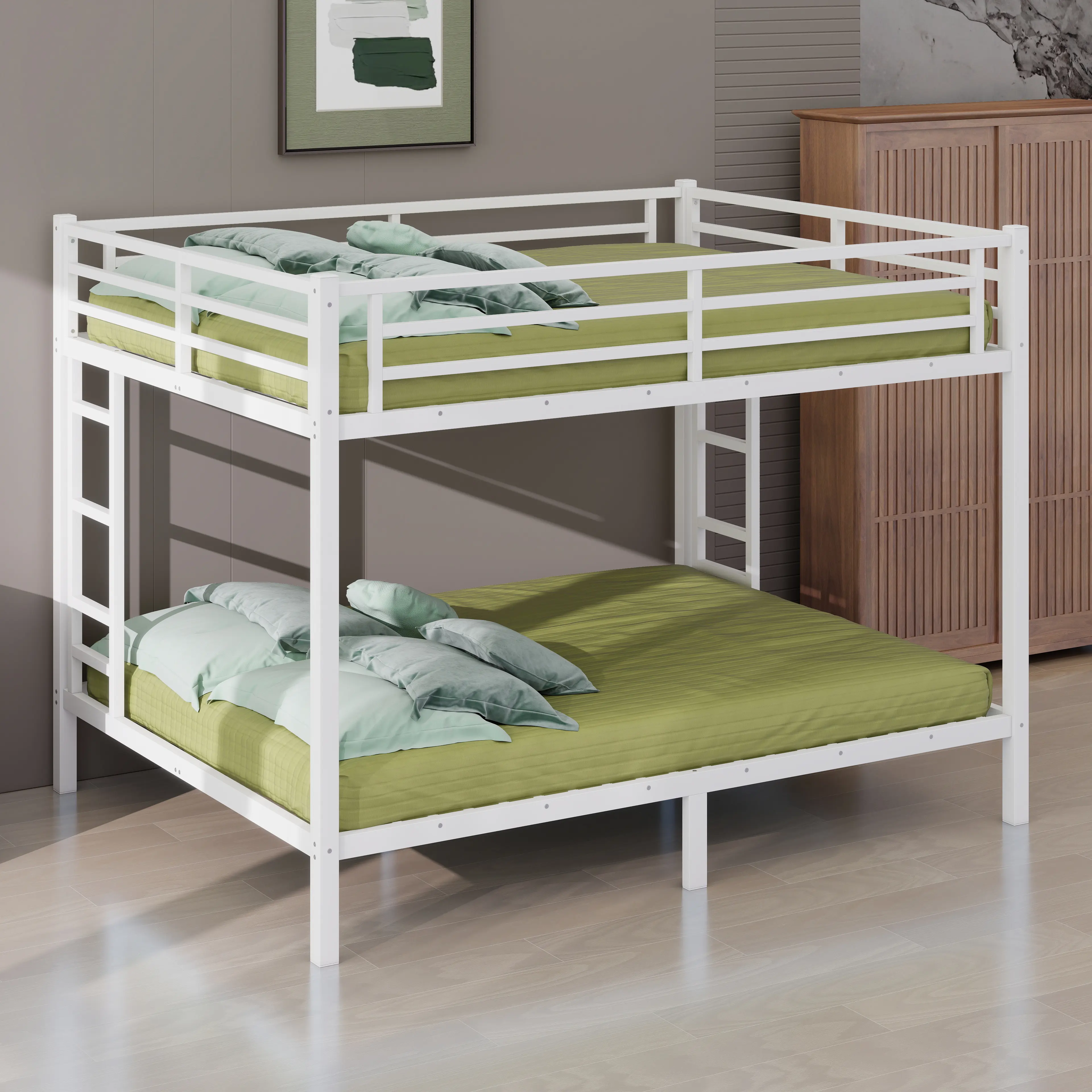 Heavy-Duty Queen Bunk Bed for Adults, White - Space-Saving with Noise Reduction, No Box Spring Required