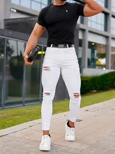 SRETOUU Men's White Distressed Holes Stretch Skinny Jeans Stylish Men Solid Ripped Casual Denim Pants Menswear Classic