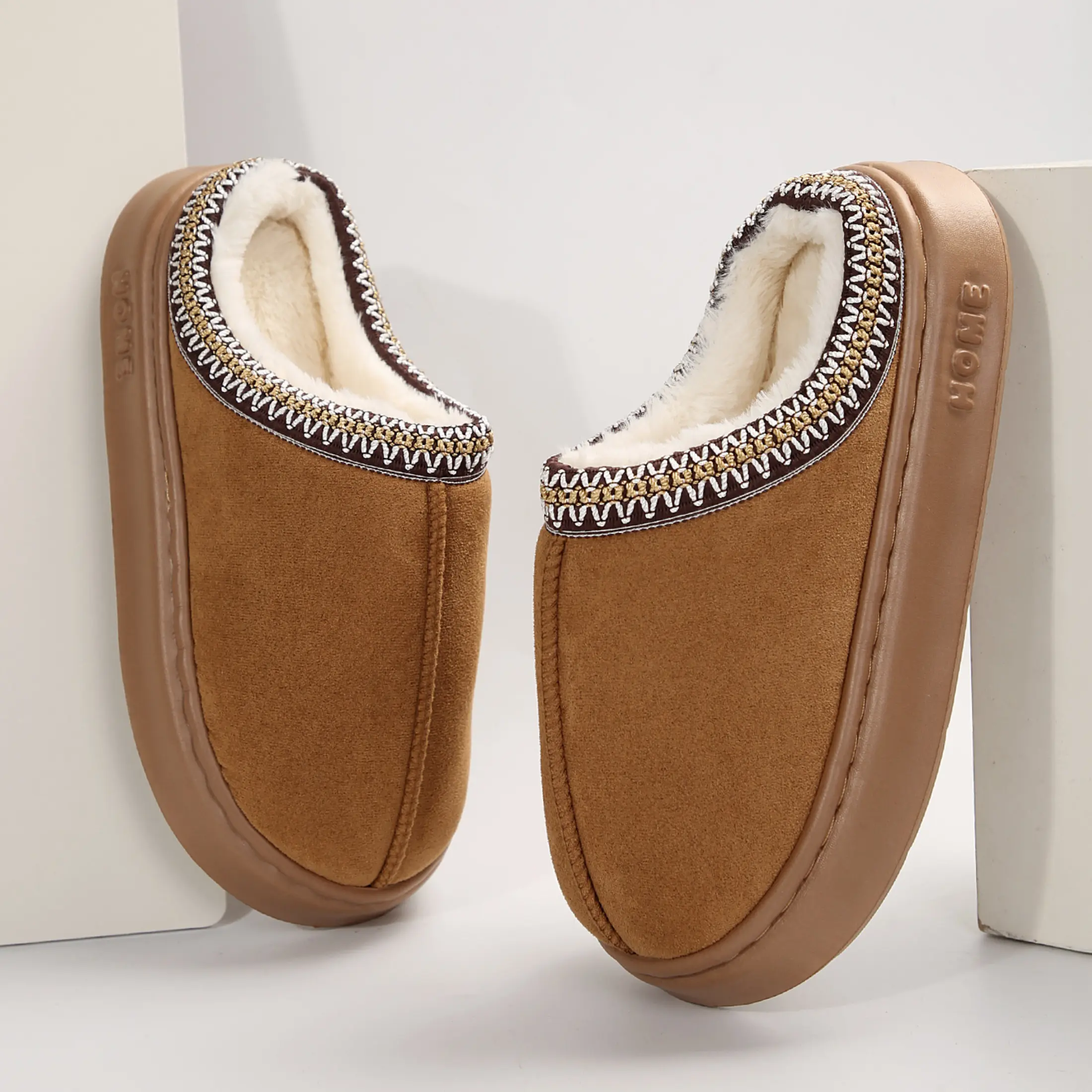 Women's Fleece Slippers Functional Winter House Boots Slip-Resistant Sole Indoor Outdoor Snow Shoes Camel Girl
