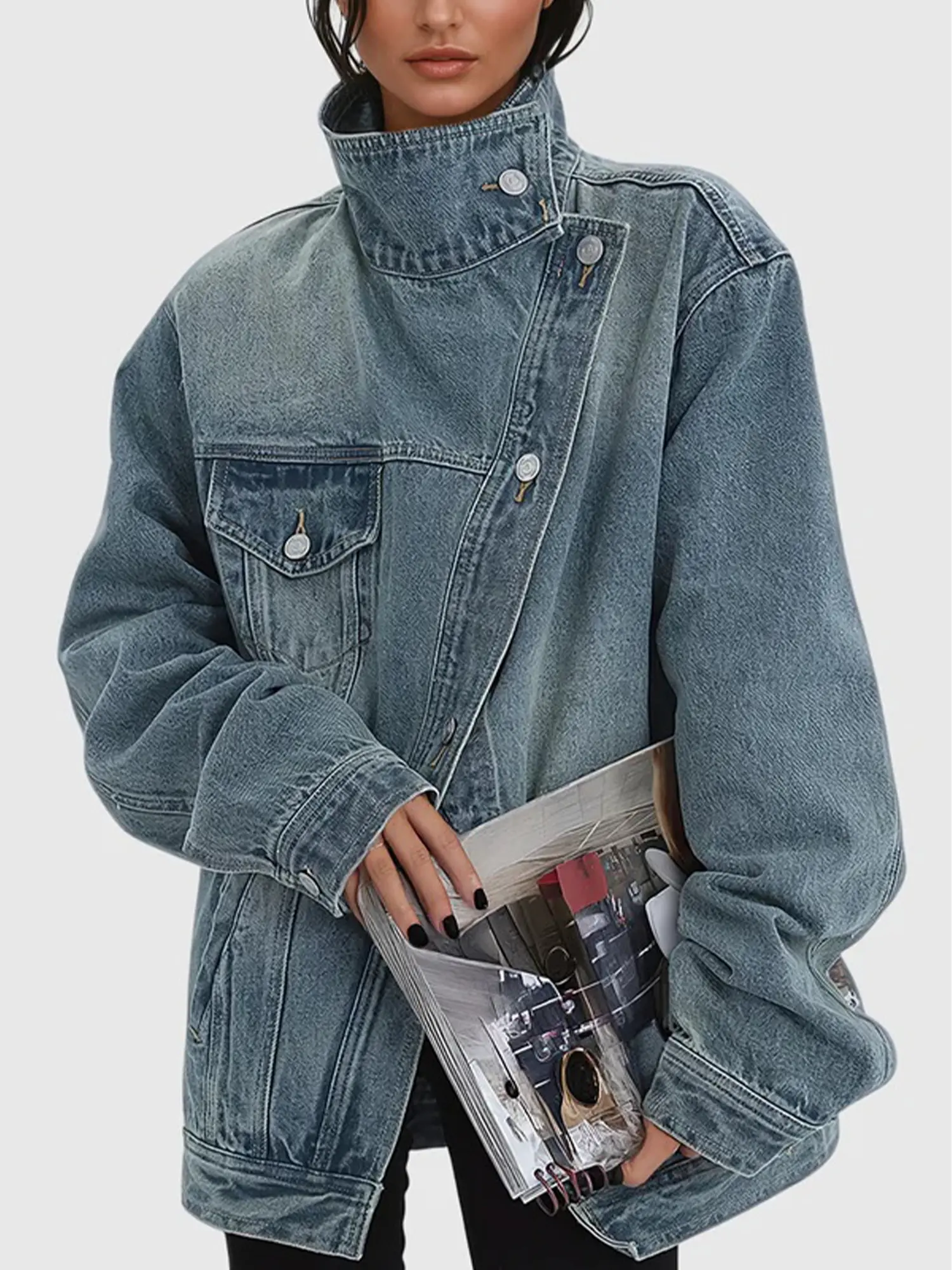 Women's Vintage Washed High Neck Asymmetric Button Long Sleeve Loose Denim Jacket-Coat - Fashion Streetwear, Elevated Casual Top with Vintage Wash Vibe, Suitable for Spring, Autumn, Women's Fashion, Street‑Style Edge