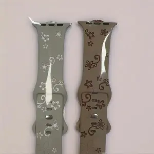2-Pack Apple Watch Bands, Floral Peony Design, Laser Engraved Silicone Strap, Fits 38/40/41mm, + Milk Tea Color, Smart Watch Accessories