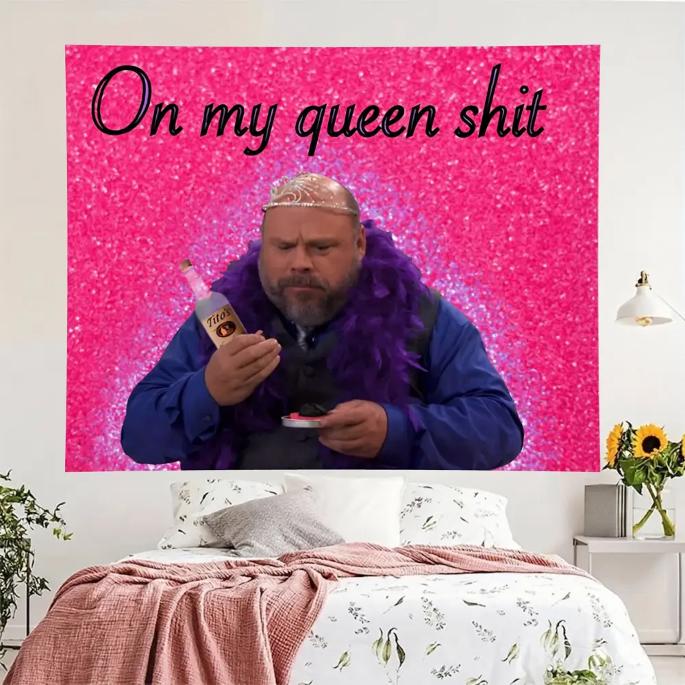Bertram Meme Print Polyester Wall Flag Tapestry - On My Queen Vibes, Machine Washable, Girly Wedding Decor, Funny Bedroom Accent, Decorative Collectible, Artistic, Artwork, Colorful Home Decor, Decorative Collectible Tapestries